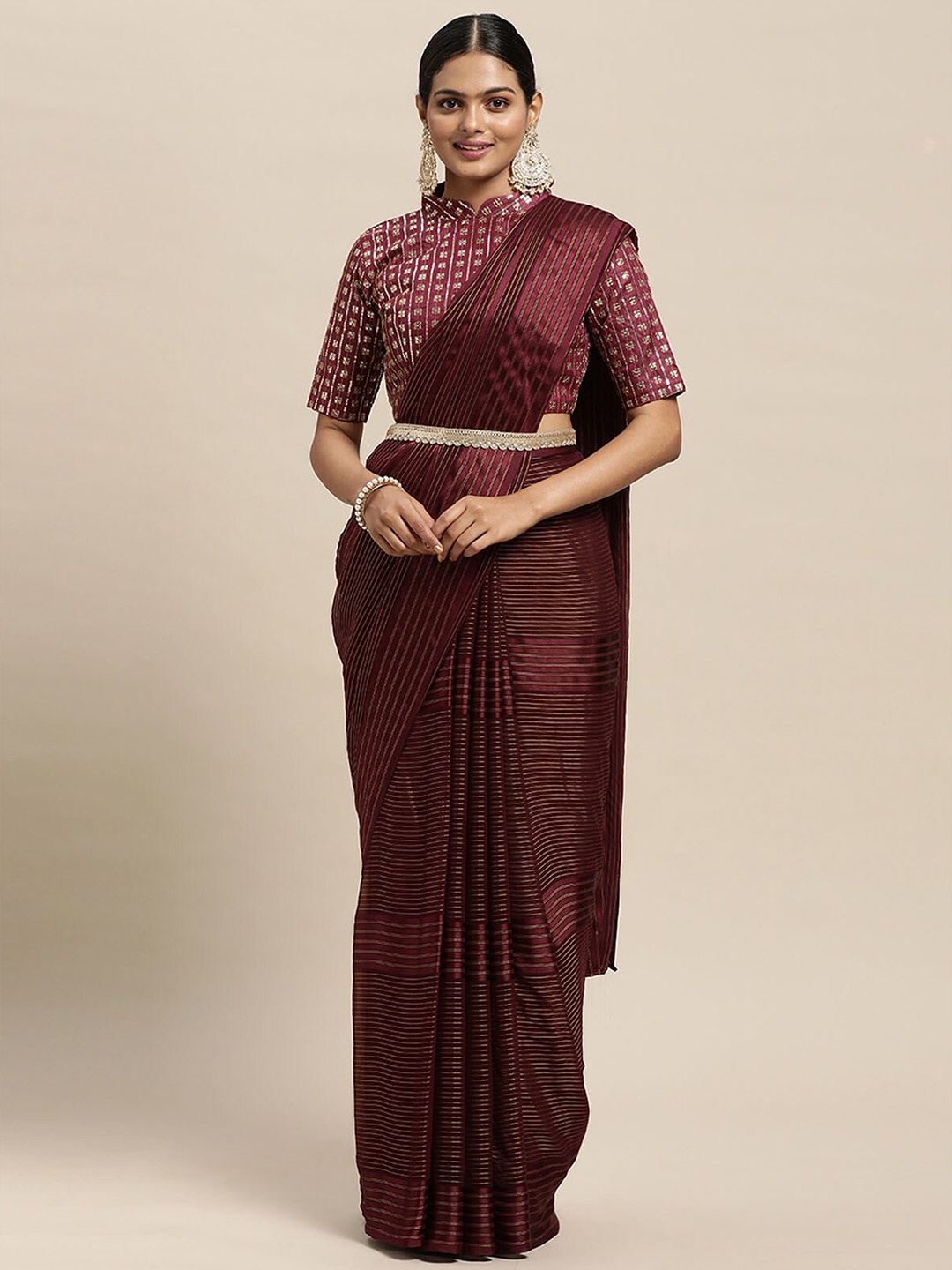 

ODETTE Magenta Poly Georgette Striped Saree