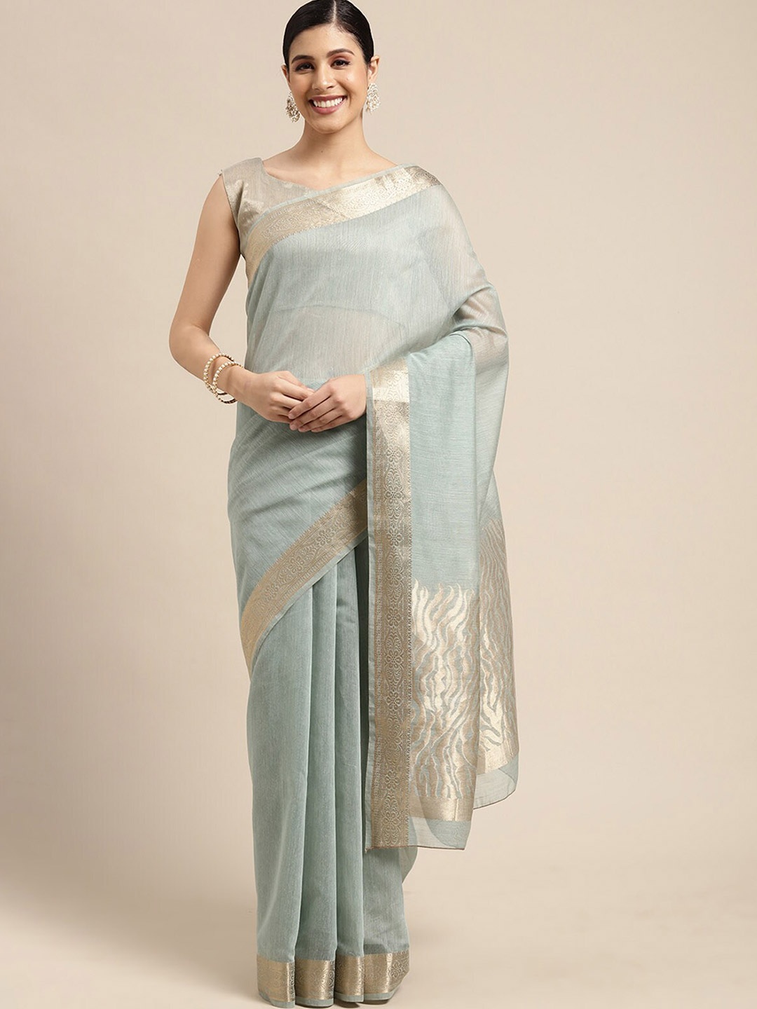 

ODETTE Sea Green & Gold-Toned Zari Linen Blend Taant Saree