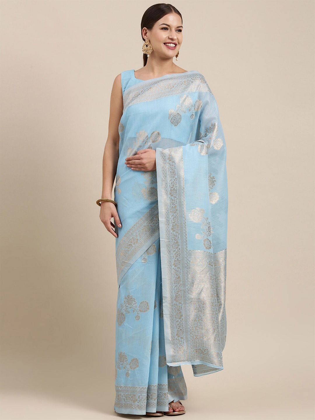 

ODETTE Turquoise Blue & Gold Toned Floral Zari Linen Blend Banarasi Saree