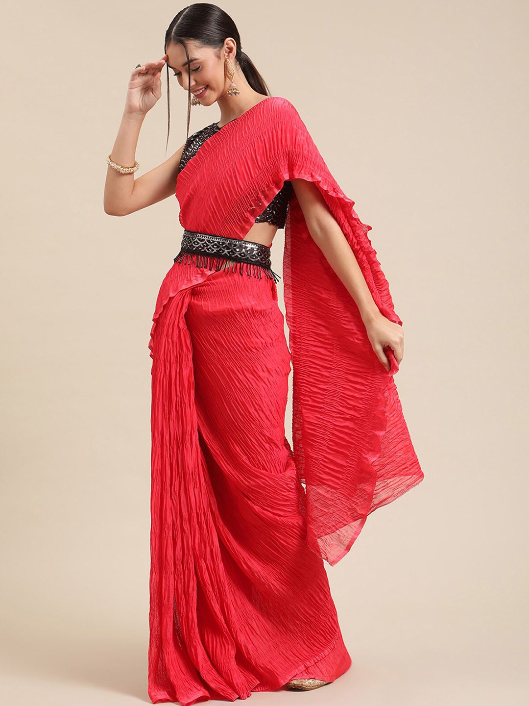 

ODETTE Pink Poly Cotton Solid Saree