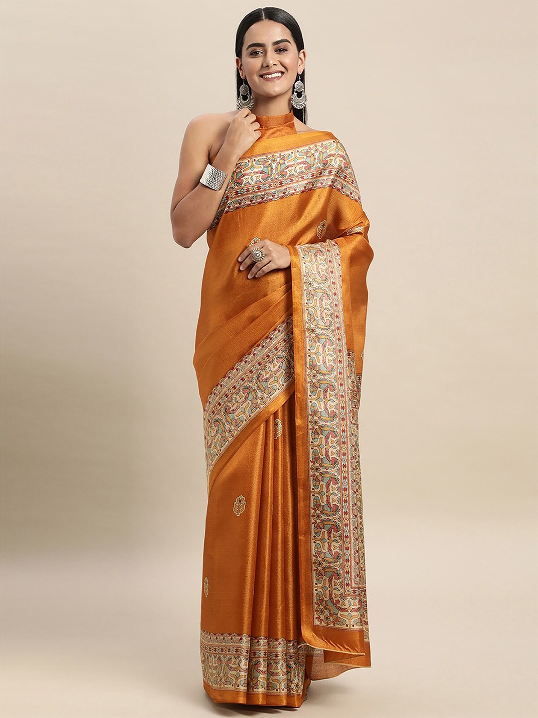 

ODETTE Mustard & Cream-Coloured Floral Silk Blend Saree