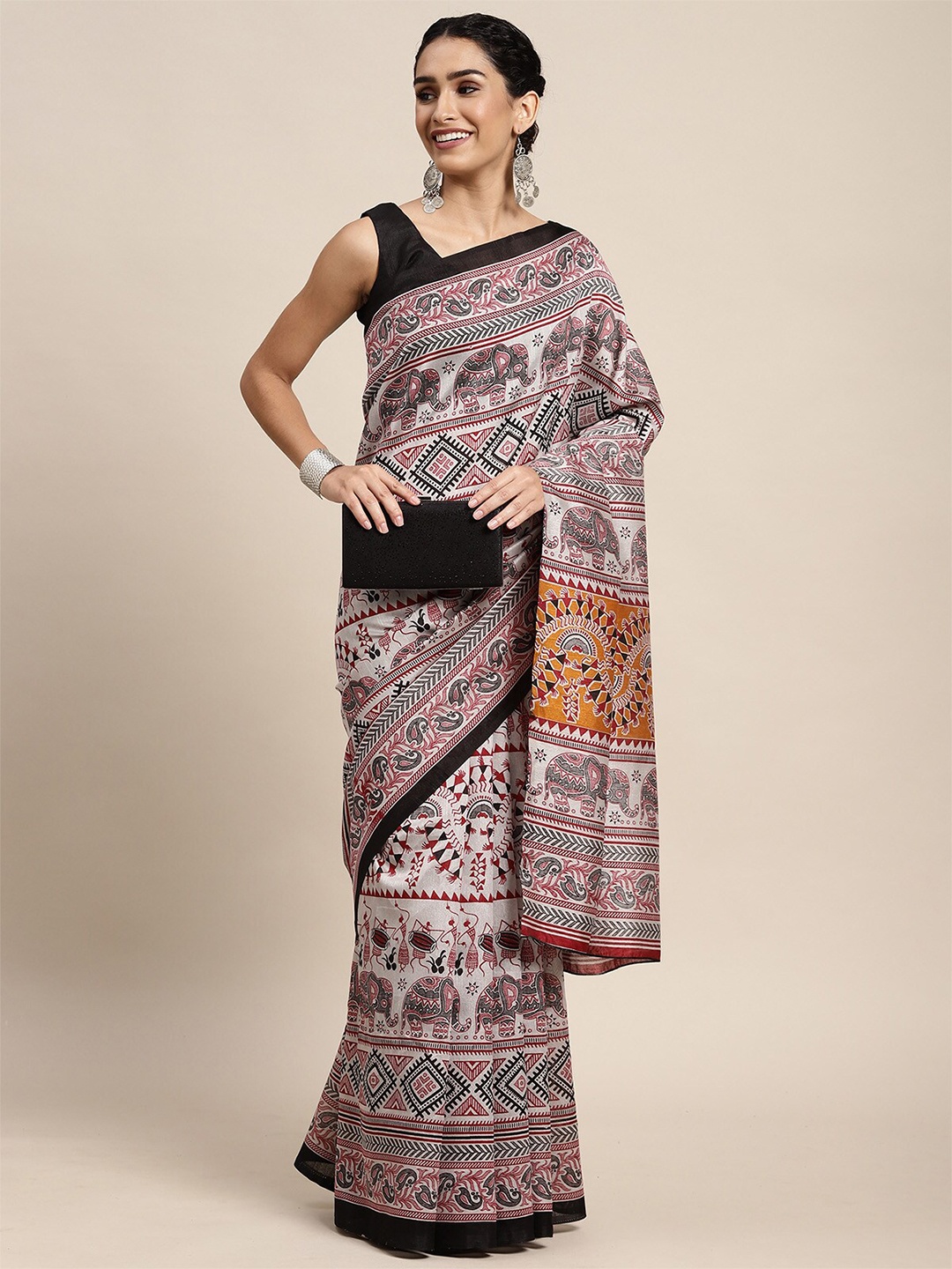 

ODETTE Grey & Brown Ethnic Motifs Silk Blend Saree