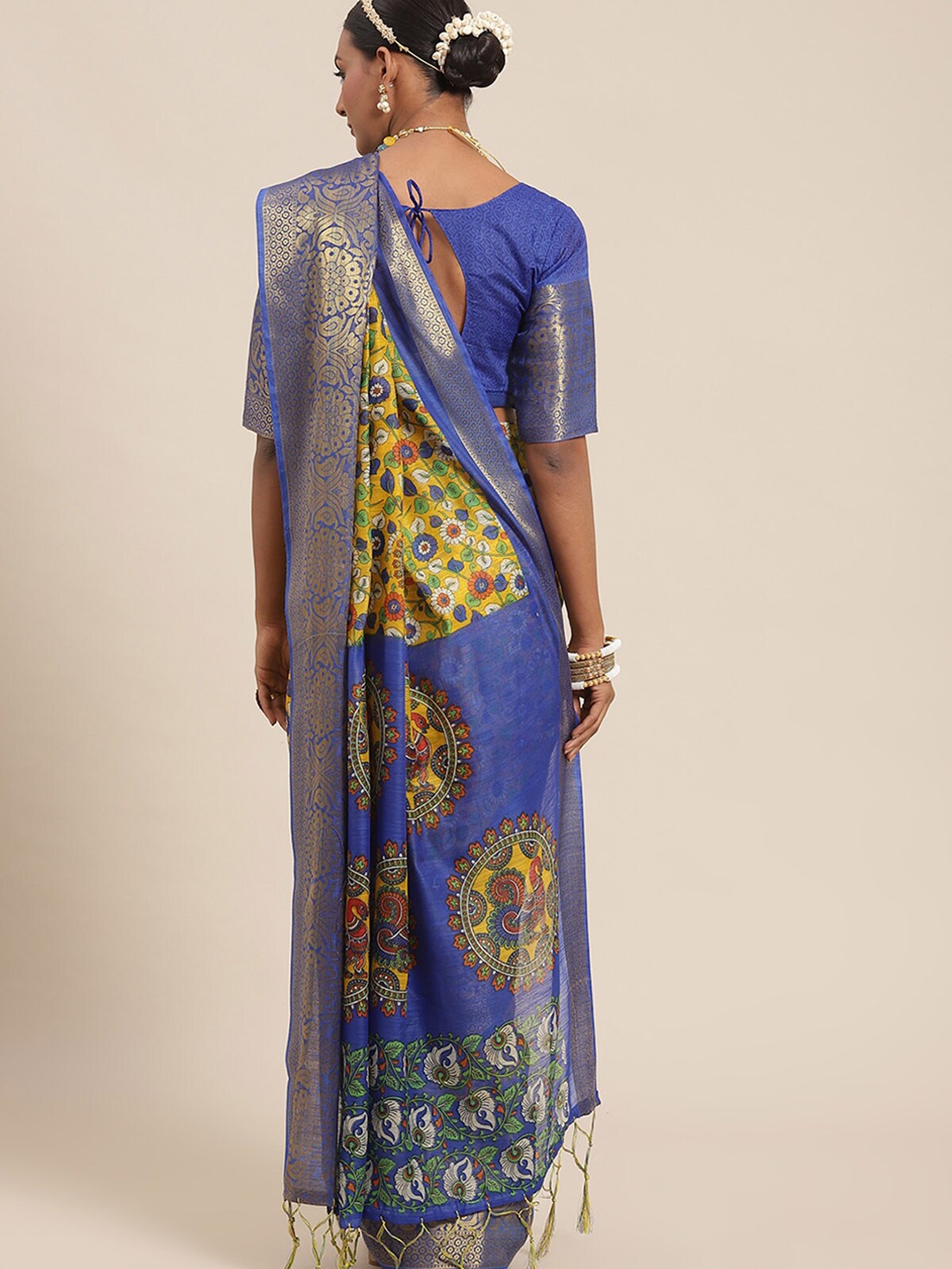 

ODETTE Yellow & Blue Kalamkari Zari Banarasi Saree