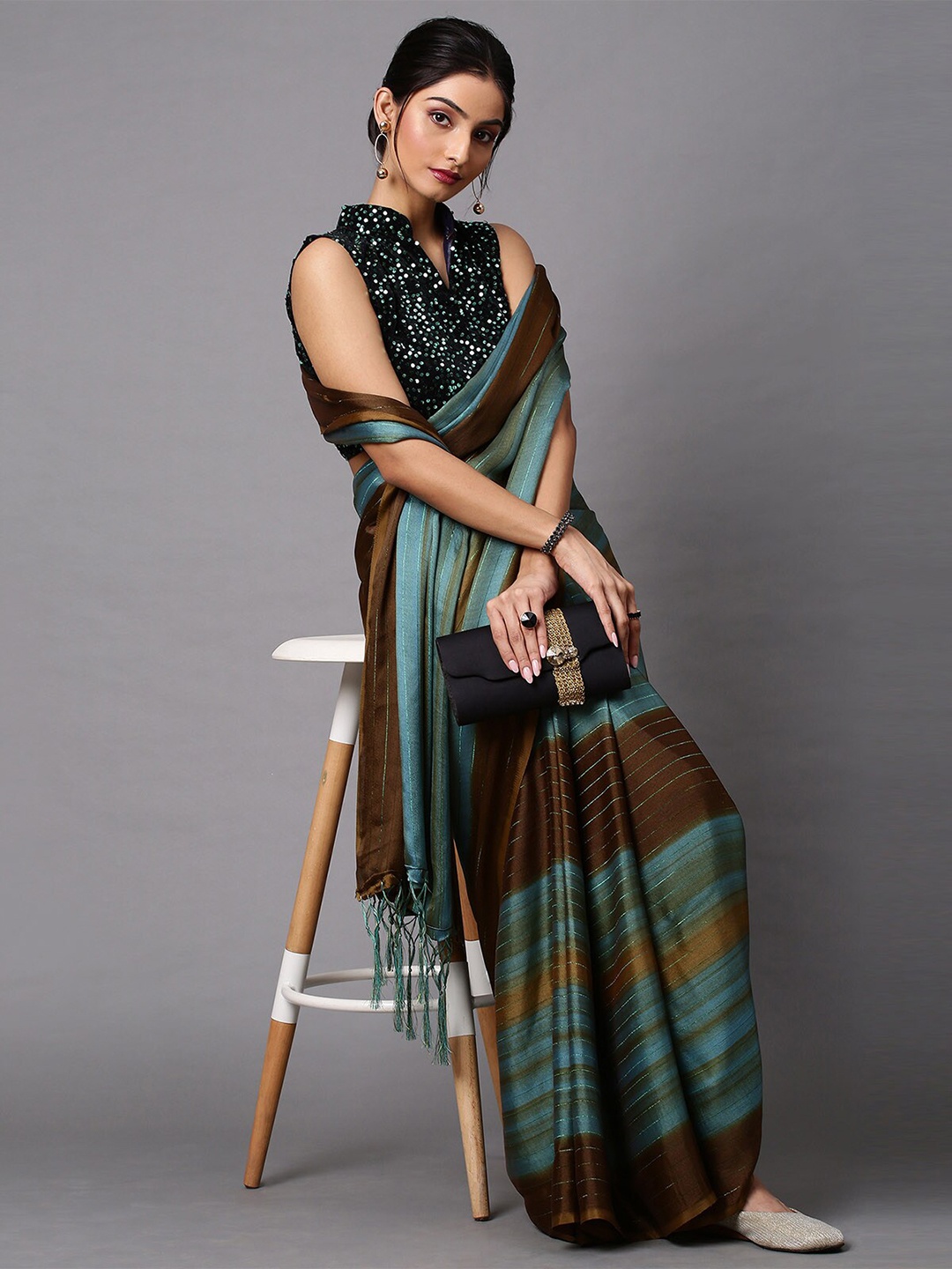 

ODETTE Teal Blue & Brown Striped Saree