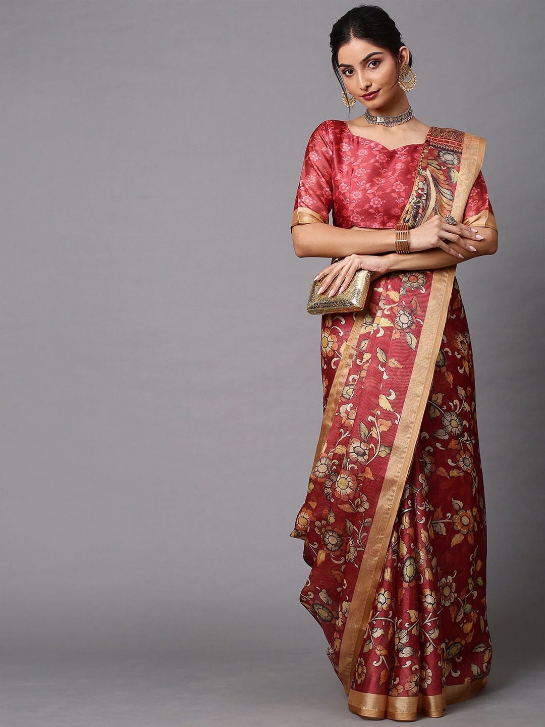 

ODETTE Maroon & Beige Floral Linen Blend Pochampally Saree