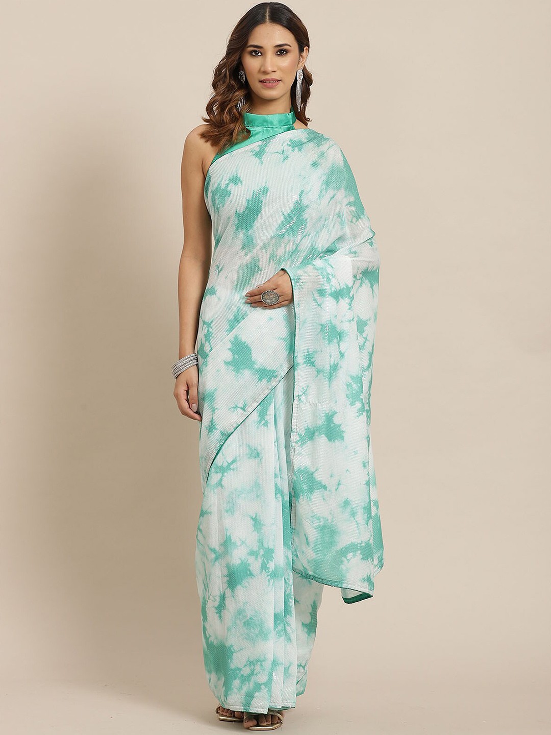 

ODETTE Green & White Embellished Sequinned Saree