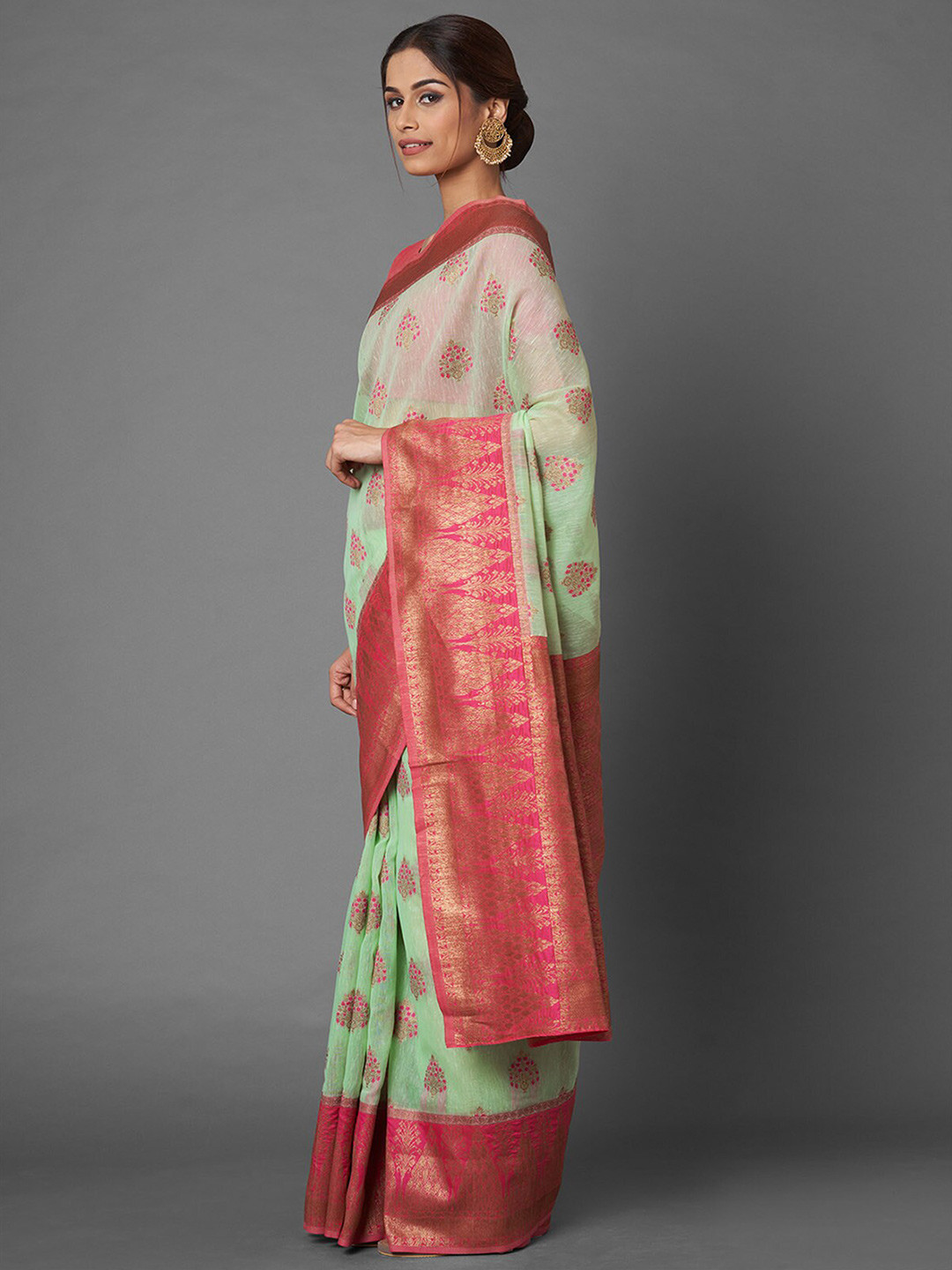 

ODETTE Green & Pink Ethnic Motifs Zari Linen Blend Banarasi Saree