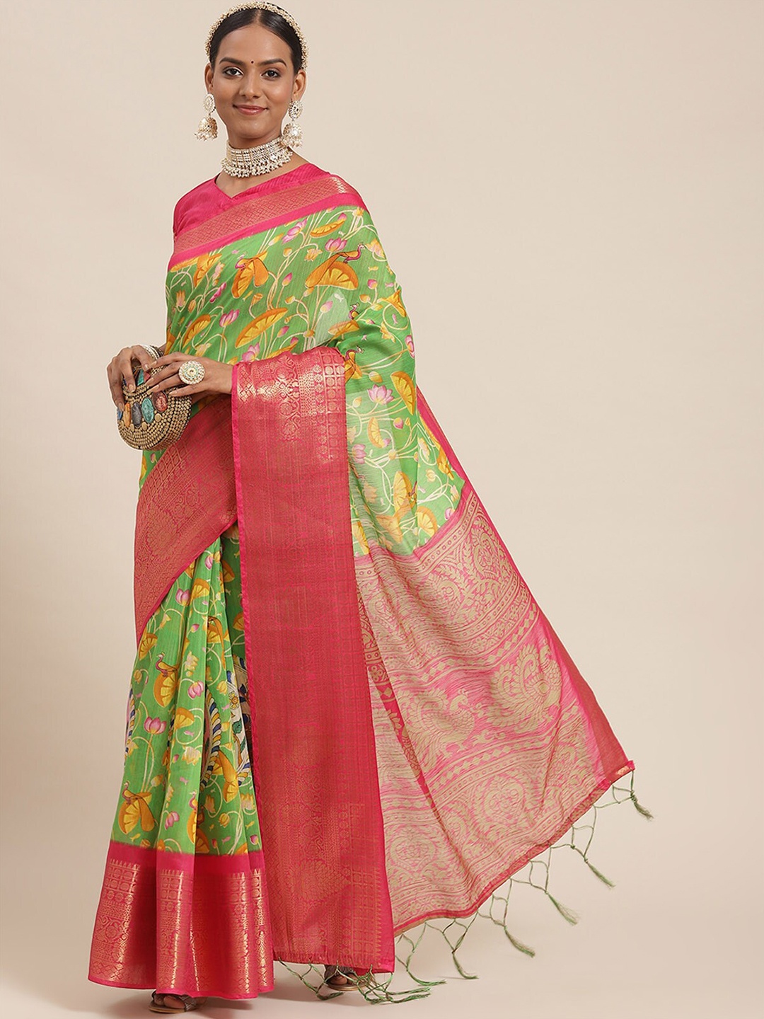 

ODETTE Green & Pink Floral Printed Designer Saree