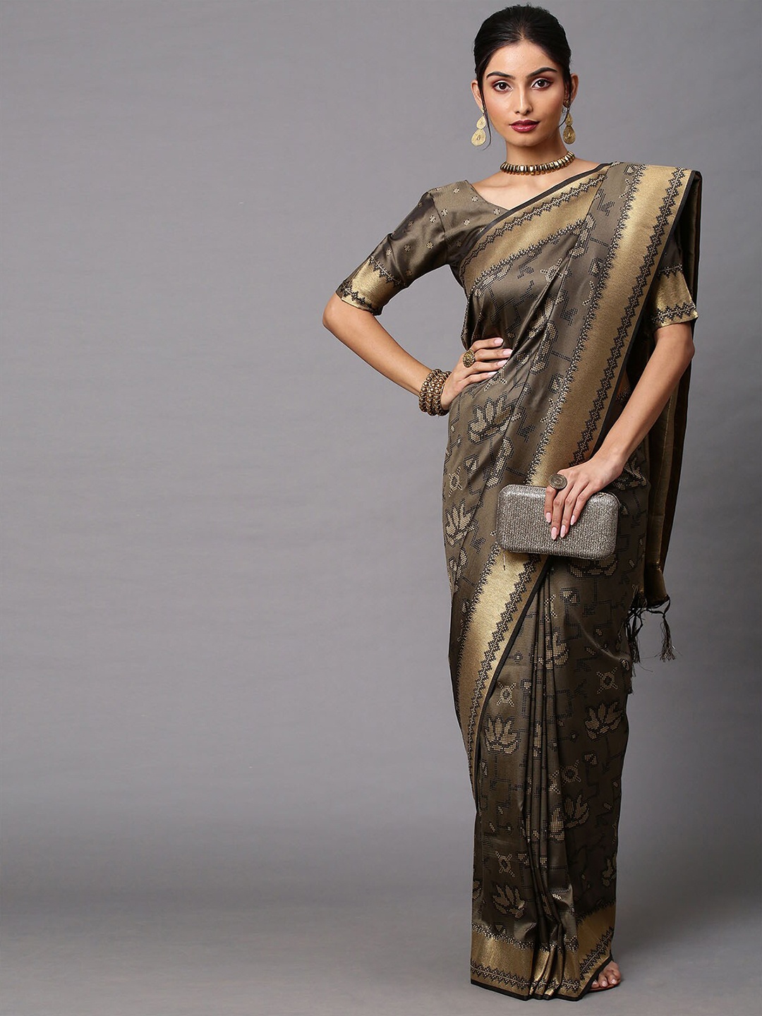 

ODETTE Woven Design Zari Silk Cotton Saree, Olive