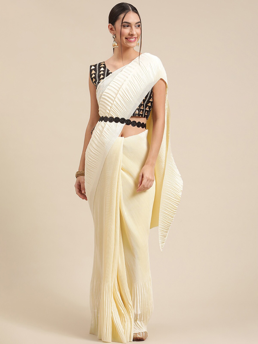 

ODETTE Pure Crepe Belted Saree, Cream