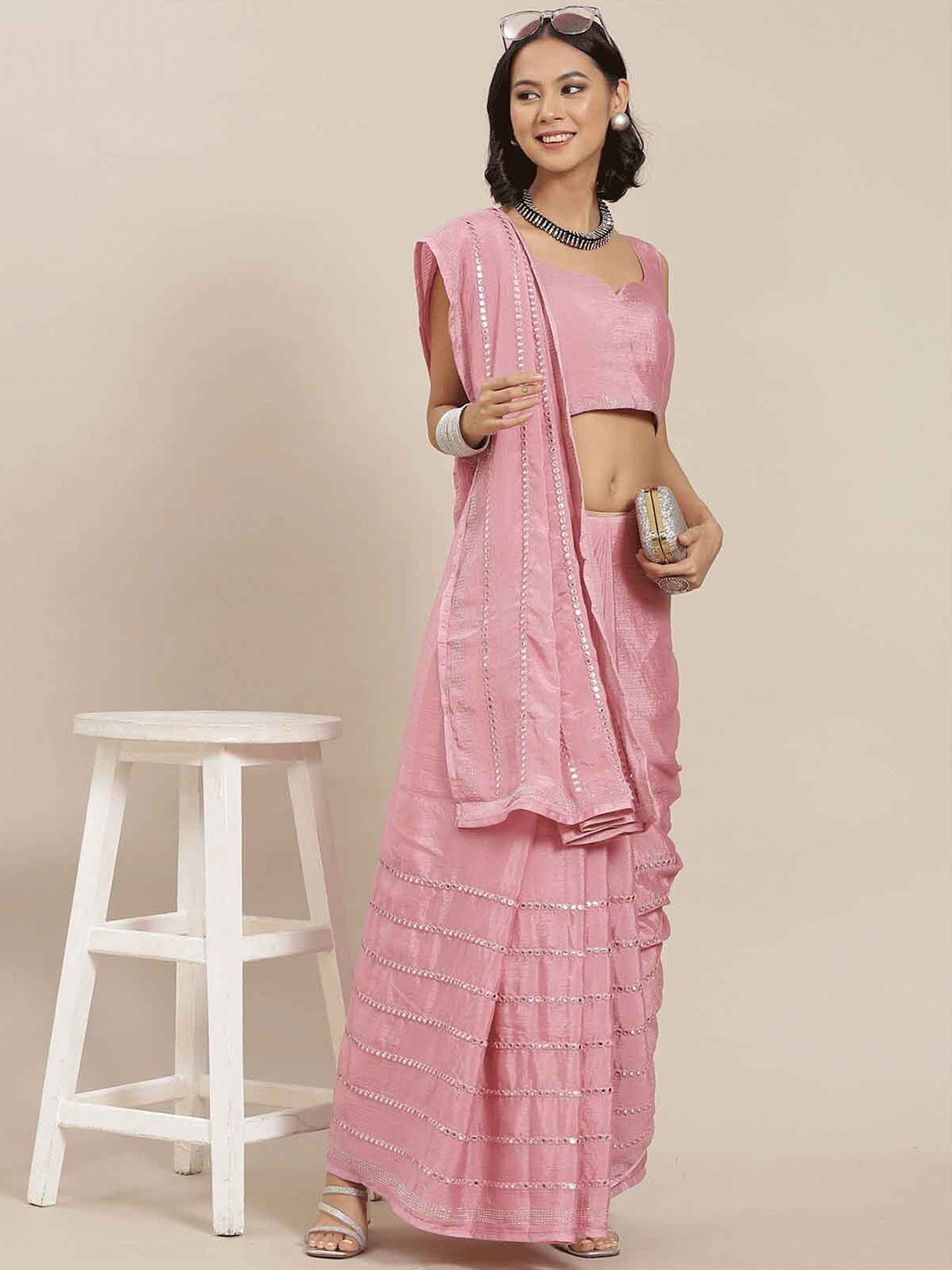 

ODETTE Pink Embellished Mirror Work Silk Blend Saree