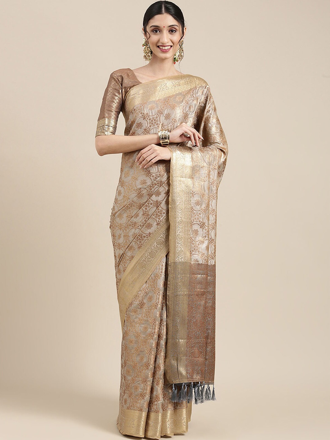 

ODETTE Woven Design Zari Silk Blend Saree, Grey