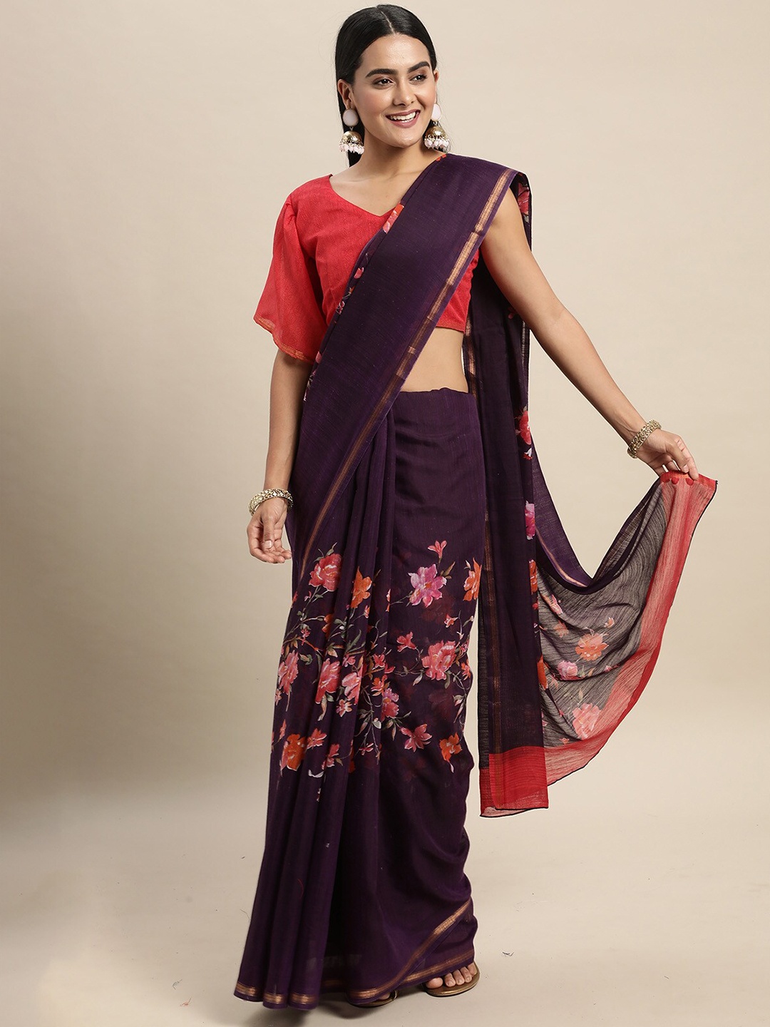

ODETTE Purple & Red Floral Printed Zari Linen Blend Saree