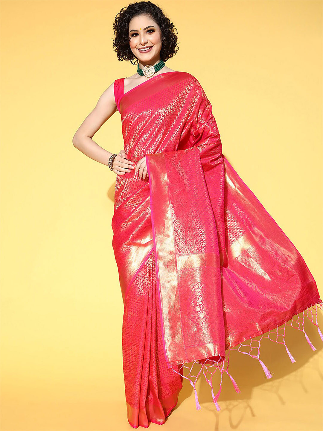 

ODETTE Pink & Gold-Toned Woven Design Zari Silk Blend Saree