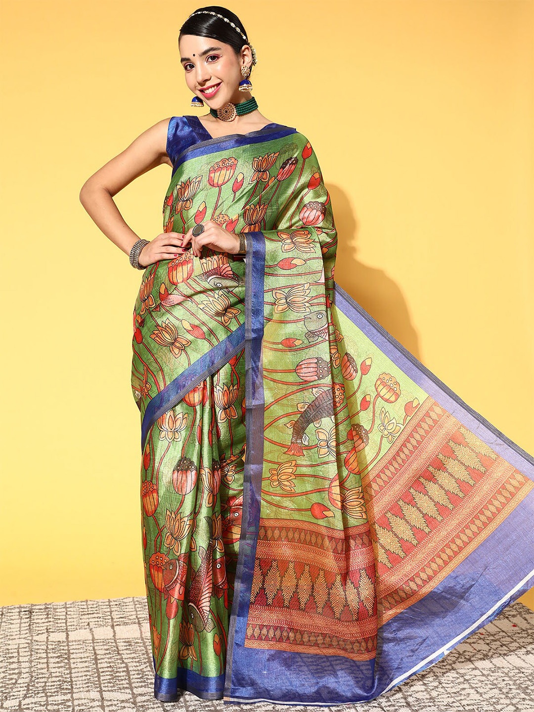 

ODETTE Olive Green & Orange Floral Linen Blend Saree