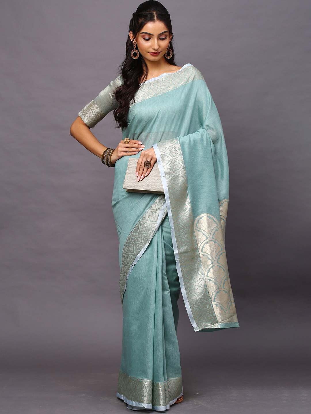 

ODETTE Sea Green & Silver-Toned Zari Linen Blend Taant Saree