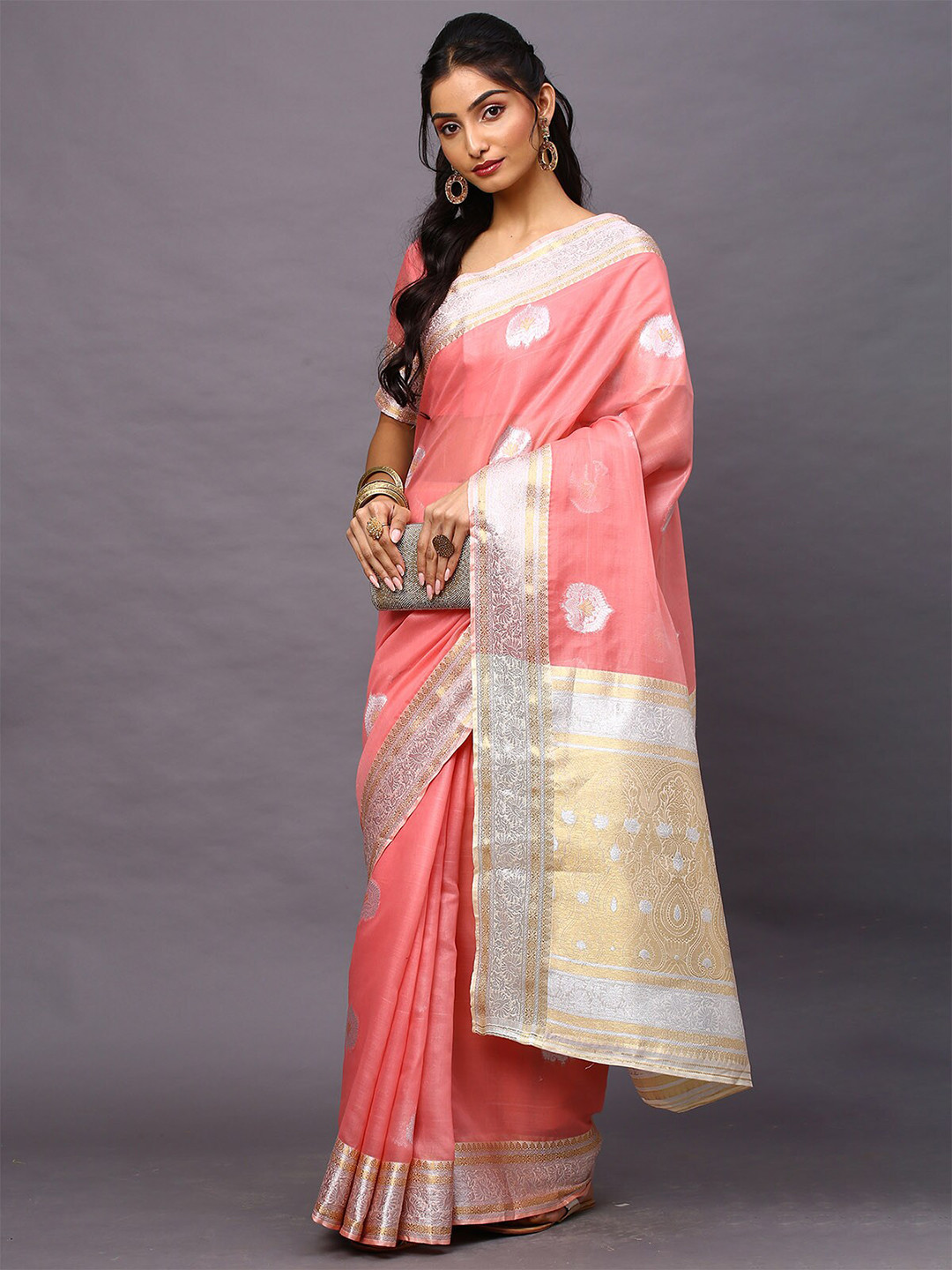 

ODETTE Pink & Silver-Toned Woven Design Zari Silk Cotton Saree