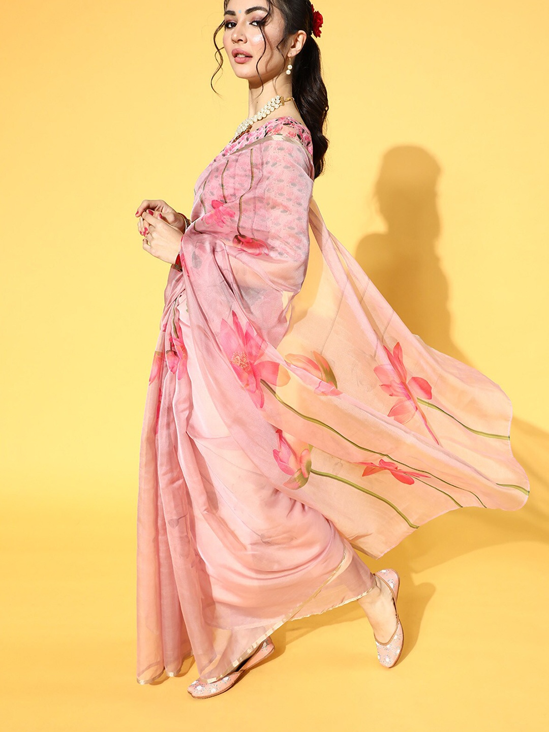 

ODETTE Floral Print Organza Saree, Pink
