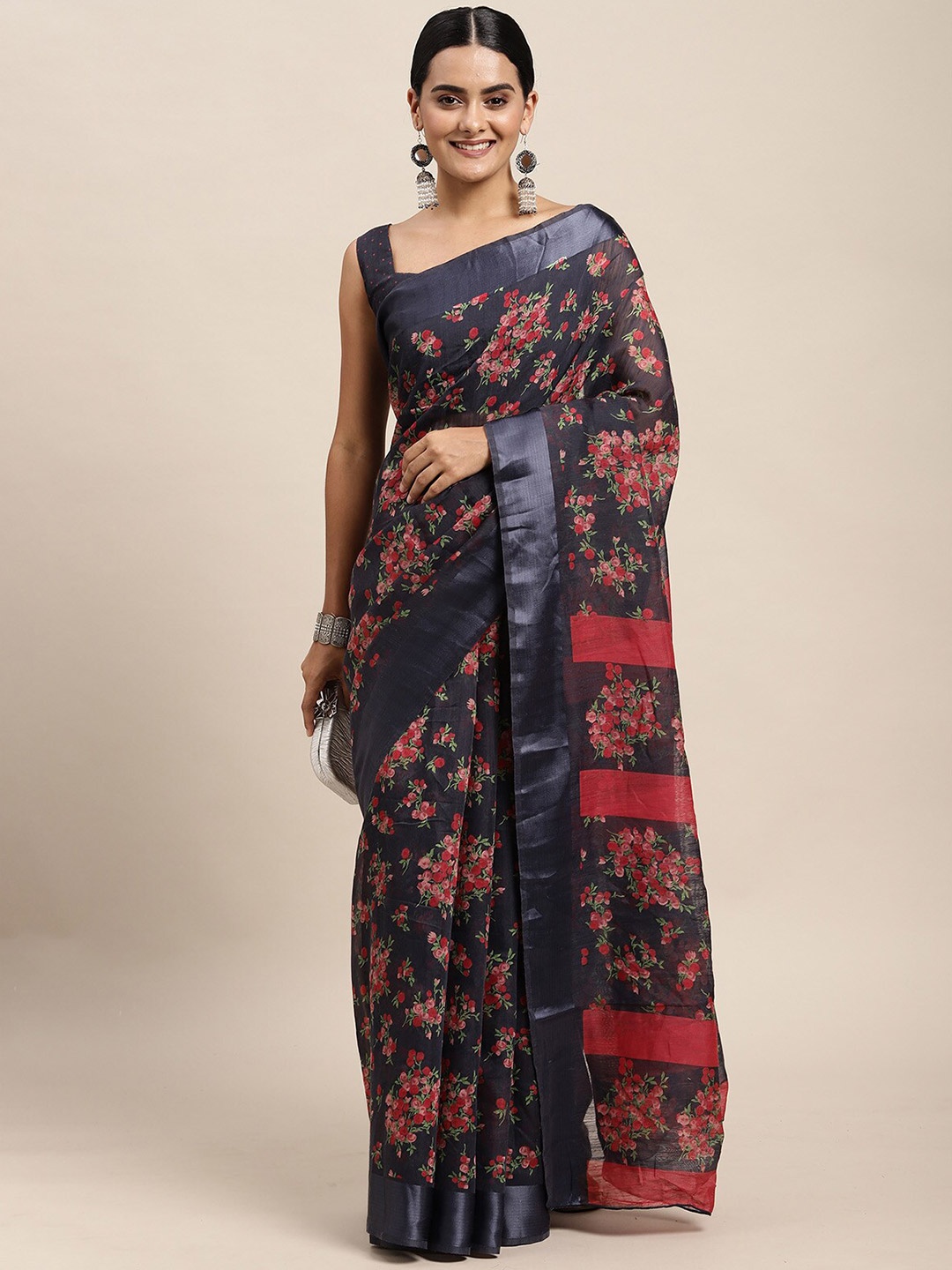 

ODETTE Grey & Red Floral Printed Zari Silk Cotton Saree