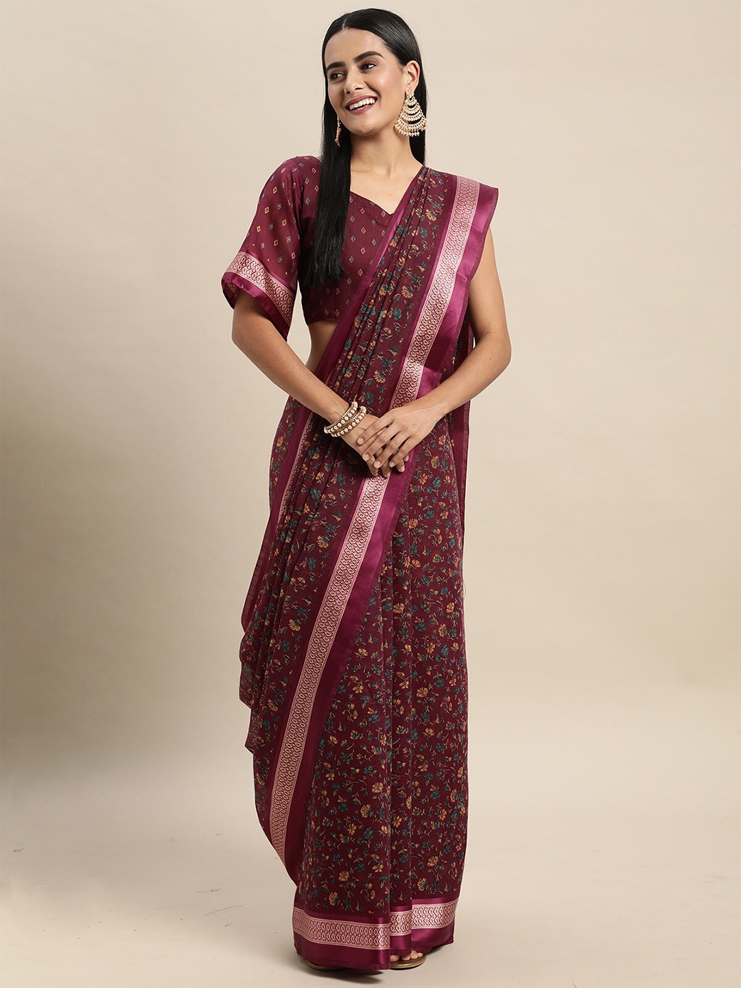 

ODETTE Purple & Green Floral Printed Zari Silk Cotton Saree