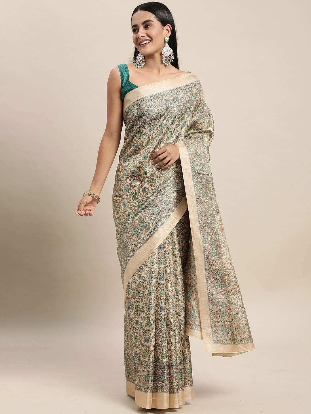 

ODETTE Green & Beige Kalamkari Silk Blend Saree