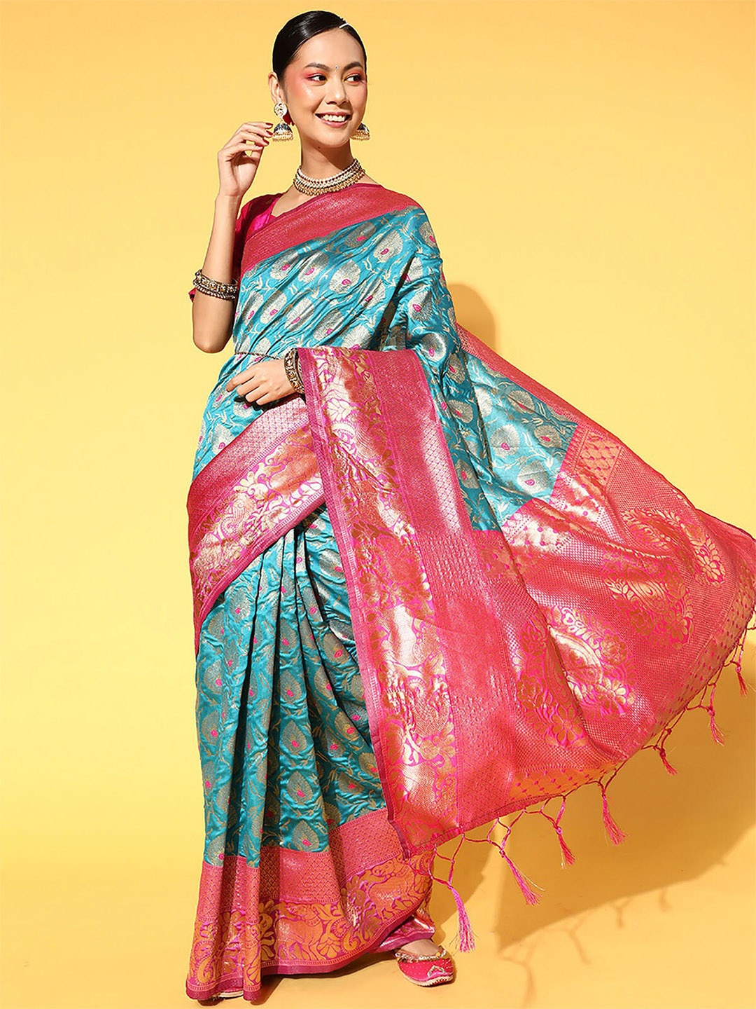 

ODETTE Woven Design Zari Silk Blend Saree, Blue