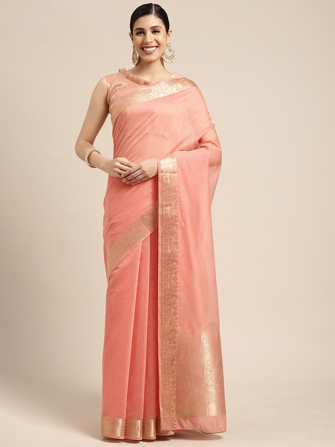 

ODETTE Woven Design Zari Linen Blend Saree, Peach
