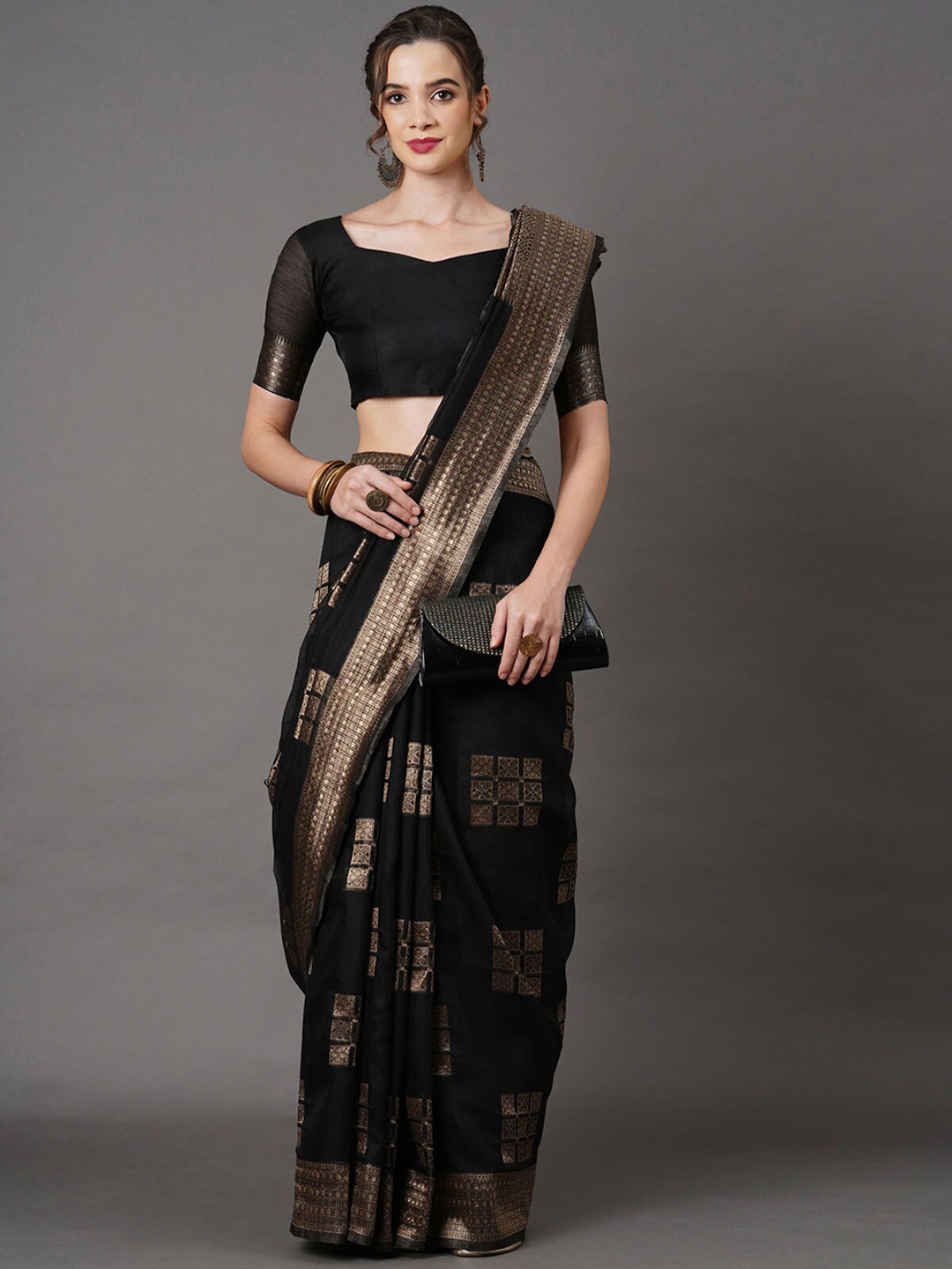 

ODETTE Black & Gold-Toned Zari Linen Blend Banarasi Saree