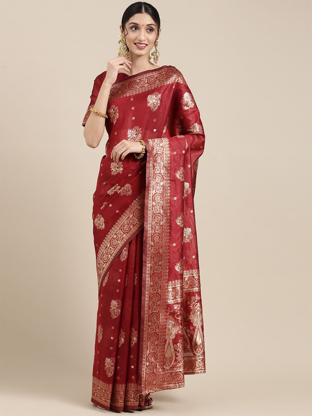 

ODETTE Maroon & Gold-Toned Ethnic Motifs Zari Silk Blend Baluchari Saree