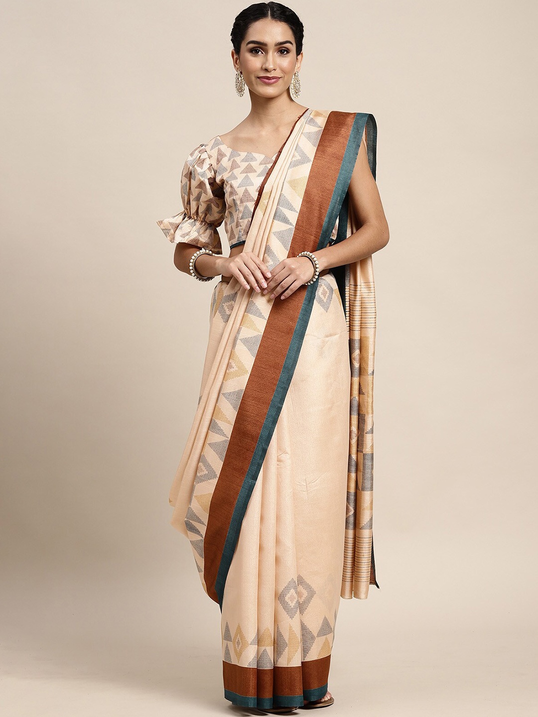 

ODETTE Beige & Grey Silk Blend Saree