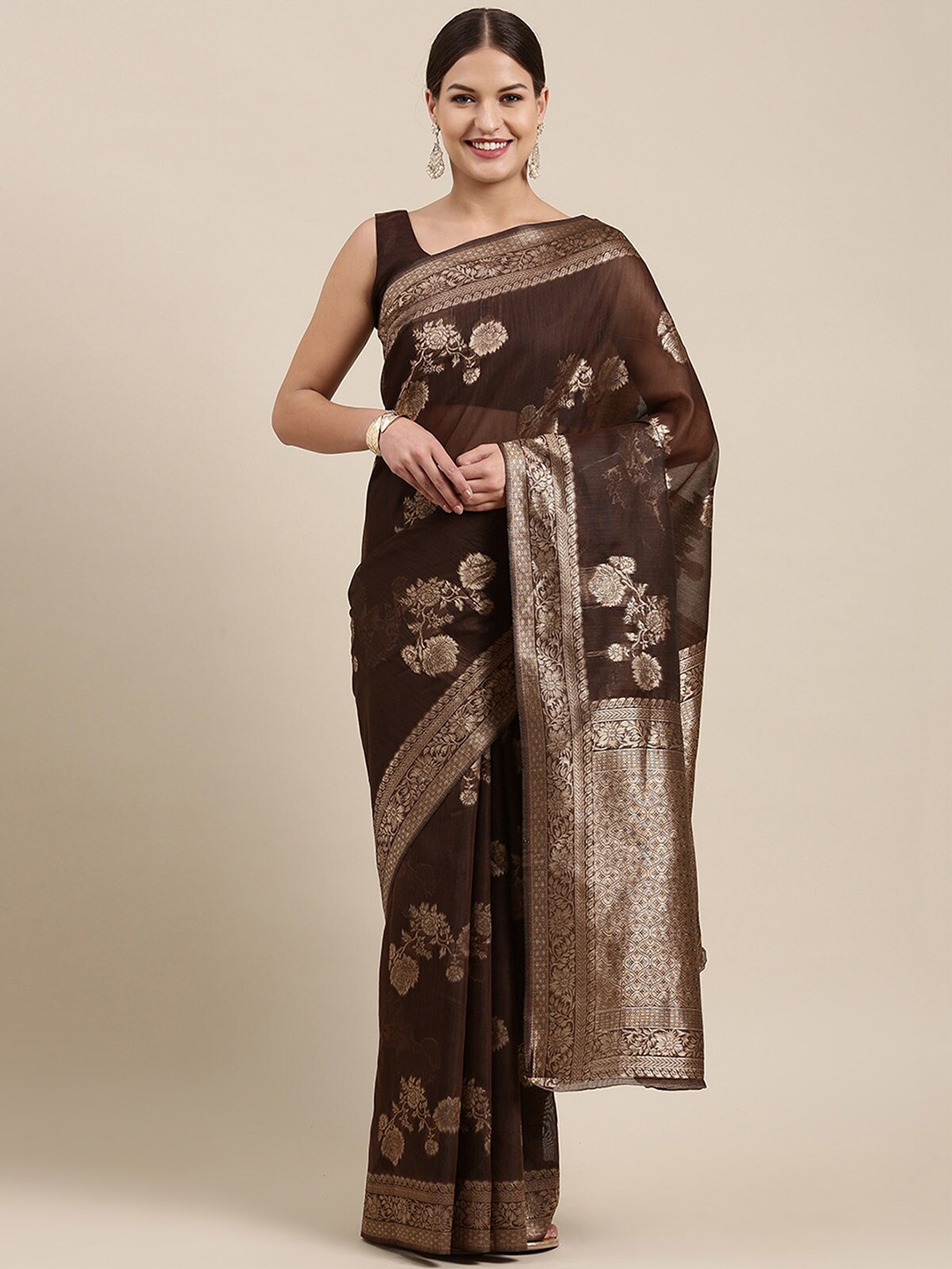 

ODETTE Brown & Gold-Toned Floral Zari Linen Blend Banarasi Saree