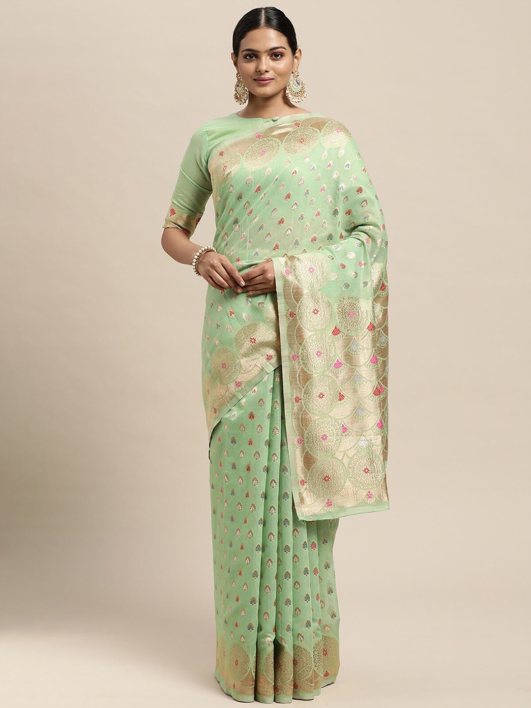 

ODETTE Green & Gold-Toned Floral Zari Silk Blend Banarasi Saree