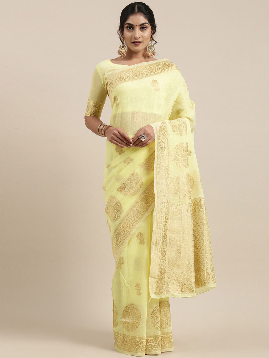 

ODETTE Yellow & Gold-Toned Woven Design Zari Linen Blend Banarasi Saree