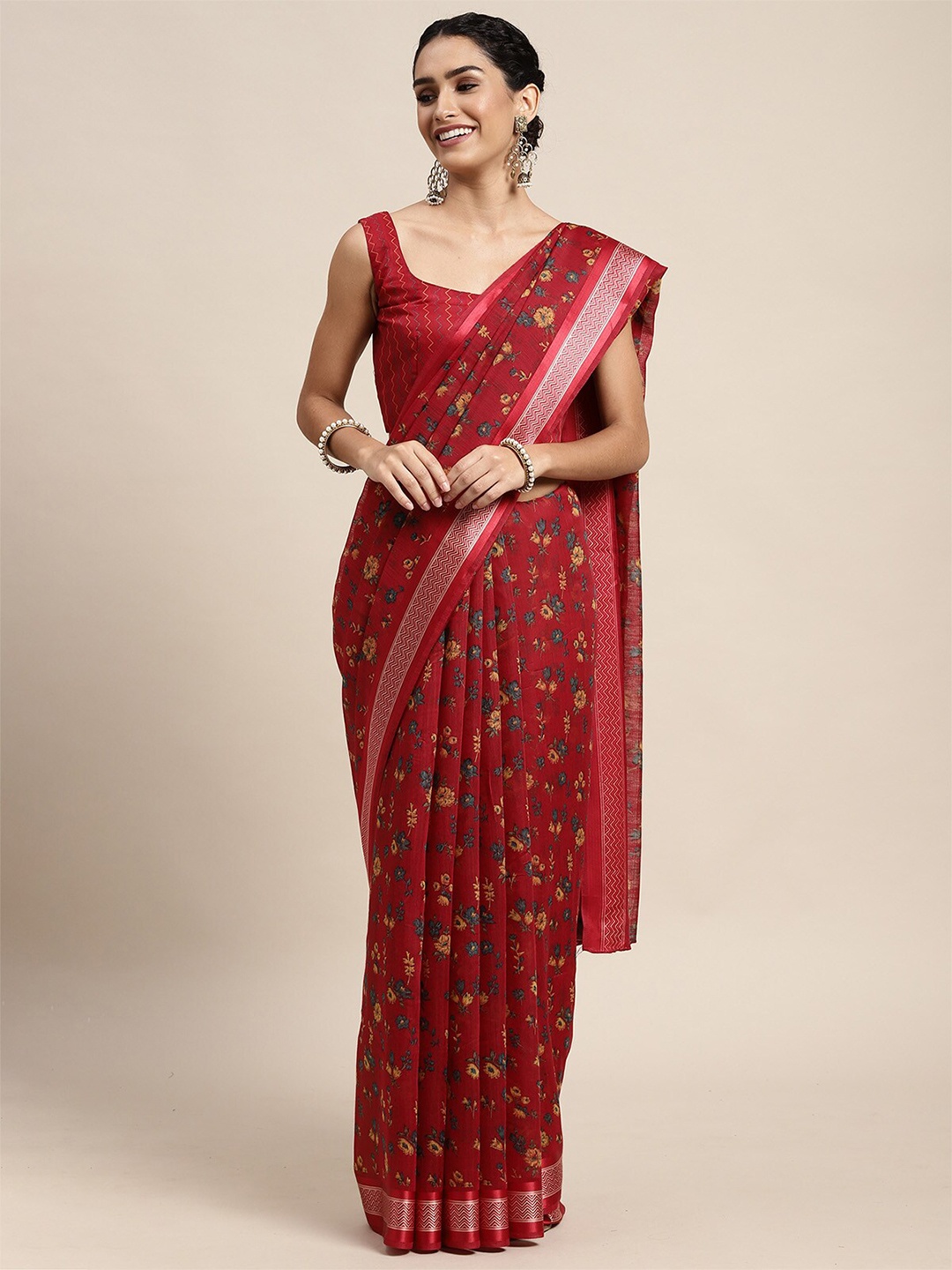 

ODETTE Red & Green Floral Silk Cotton Saree