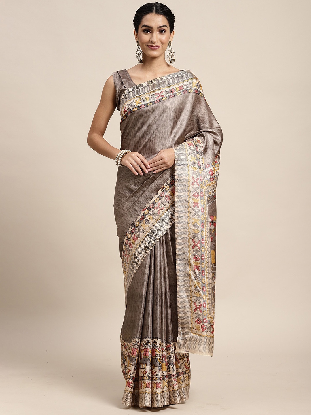 

ODETTE Grey & Yellow Silk Blend Saree