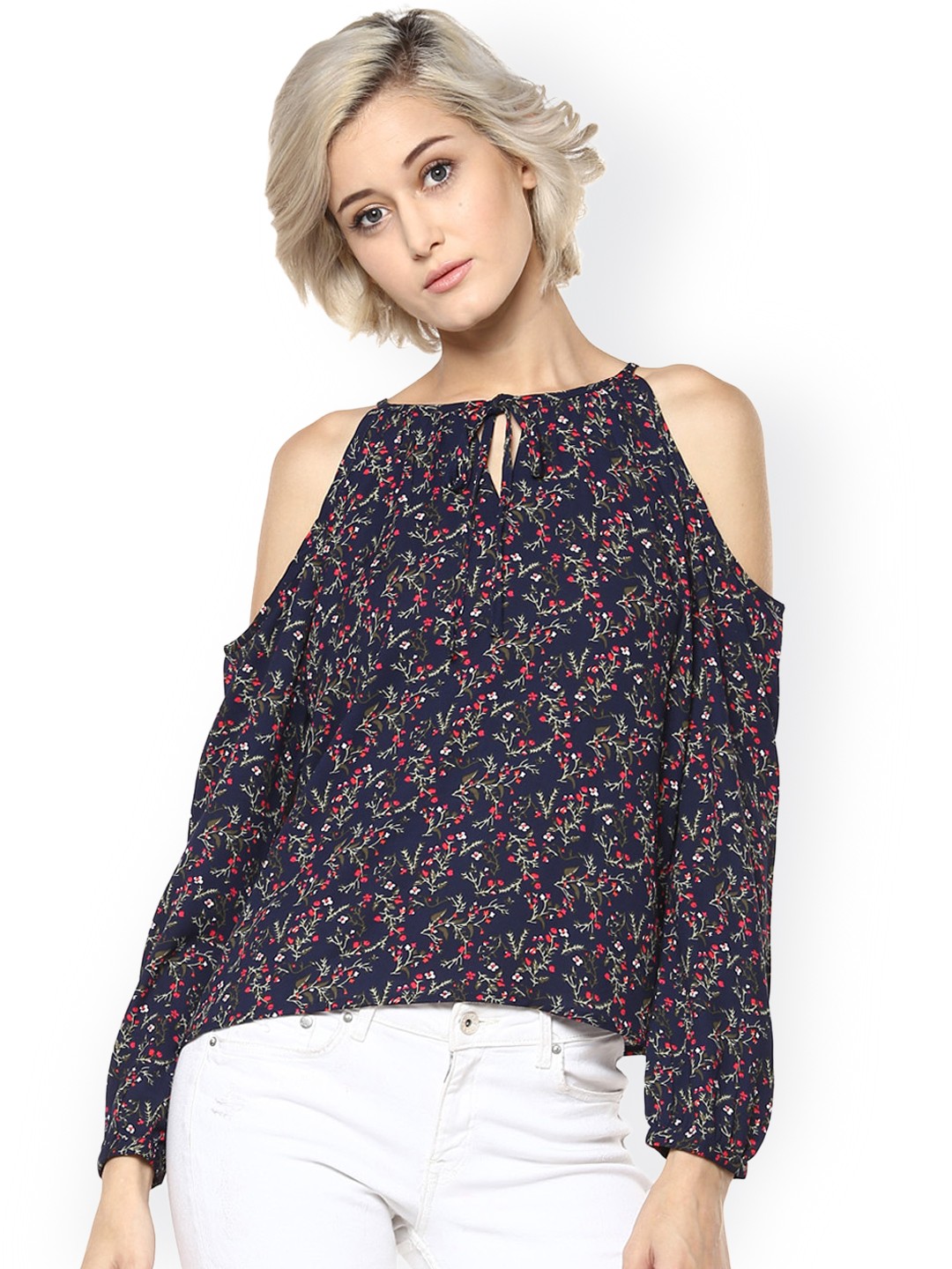 

Harpa Women Navy Blue Printed Cold-Shoulder Top