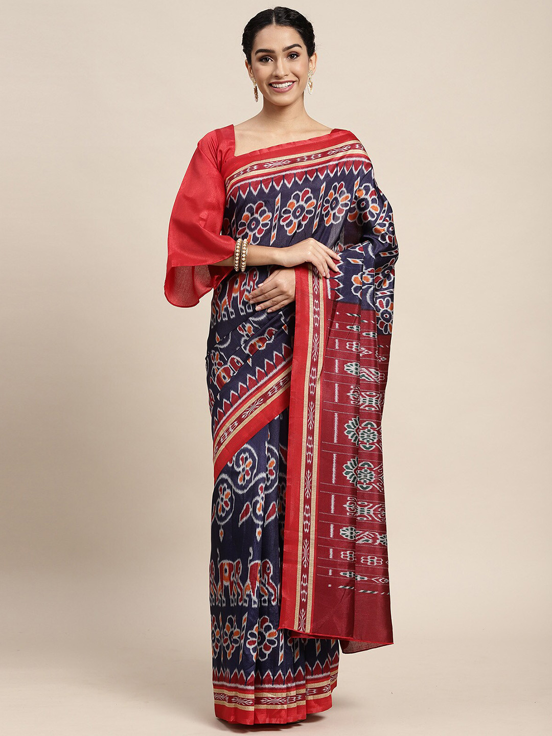 

ODETTE Blue & Red Ethnic Motifs Silk Blend Saree