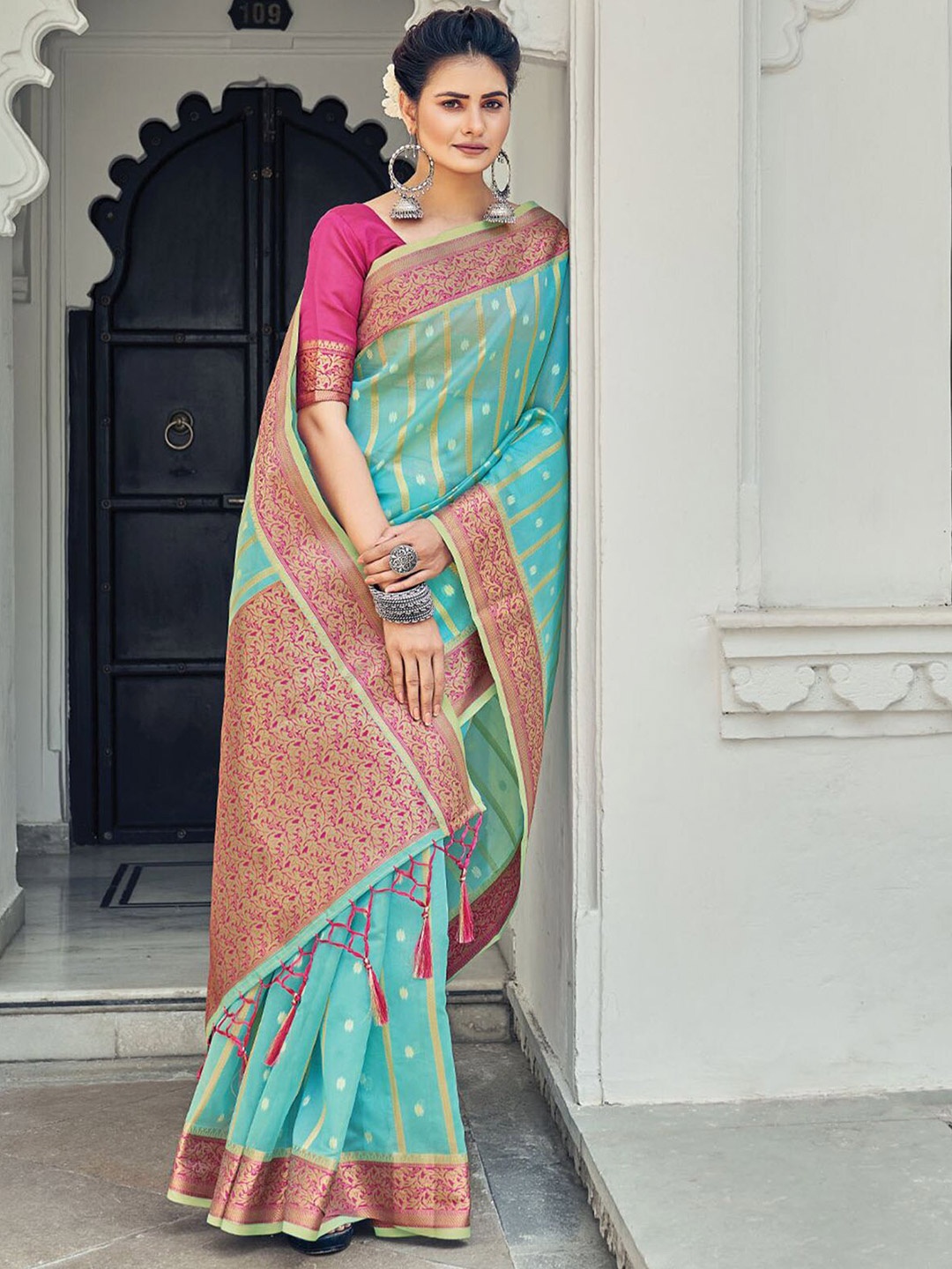

ODETTE Blue & Pink Ethnic Motifs Zari Organza Saree