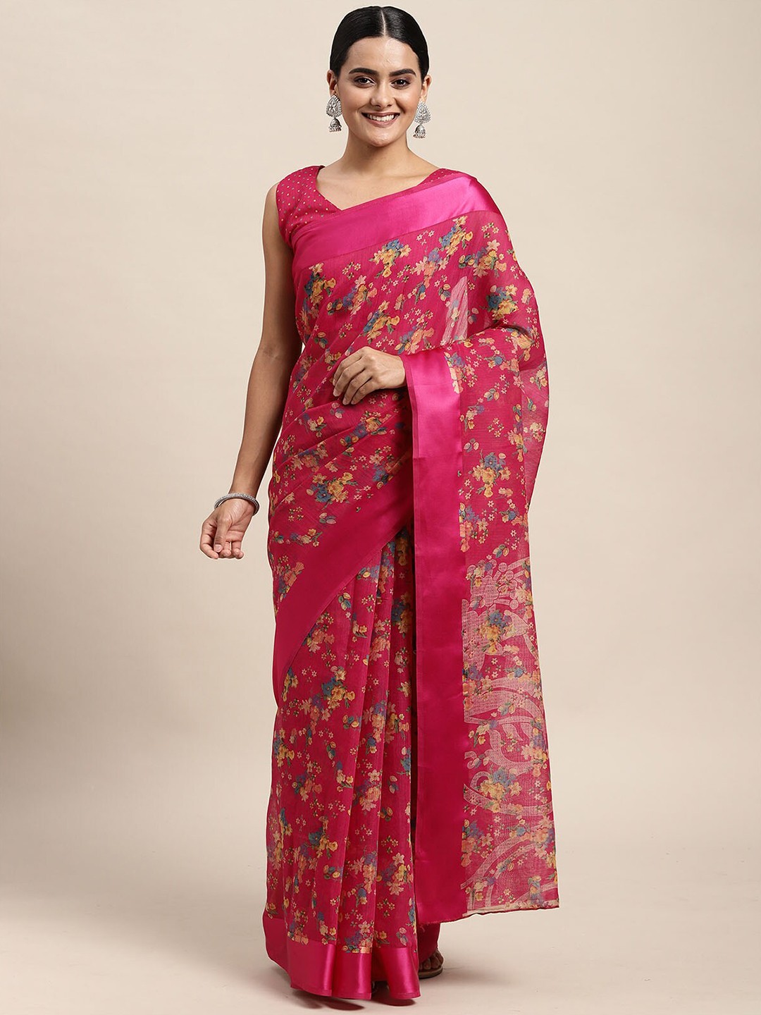 

ODETTE Pink & Yellow Floral Printed Silk Cotton Saree