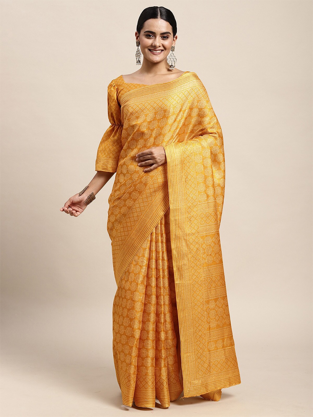 

ODETTE Yellow & Gold-Toned Woven Design Zari Silk Blend Saree