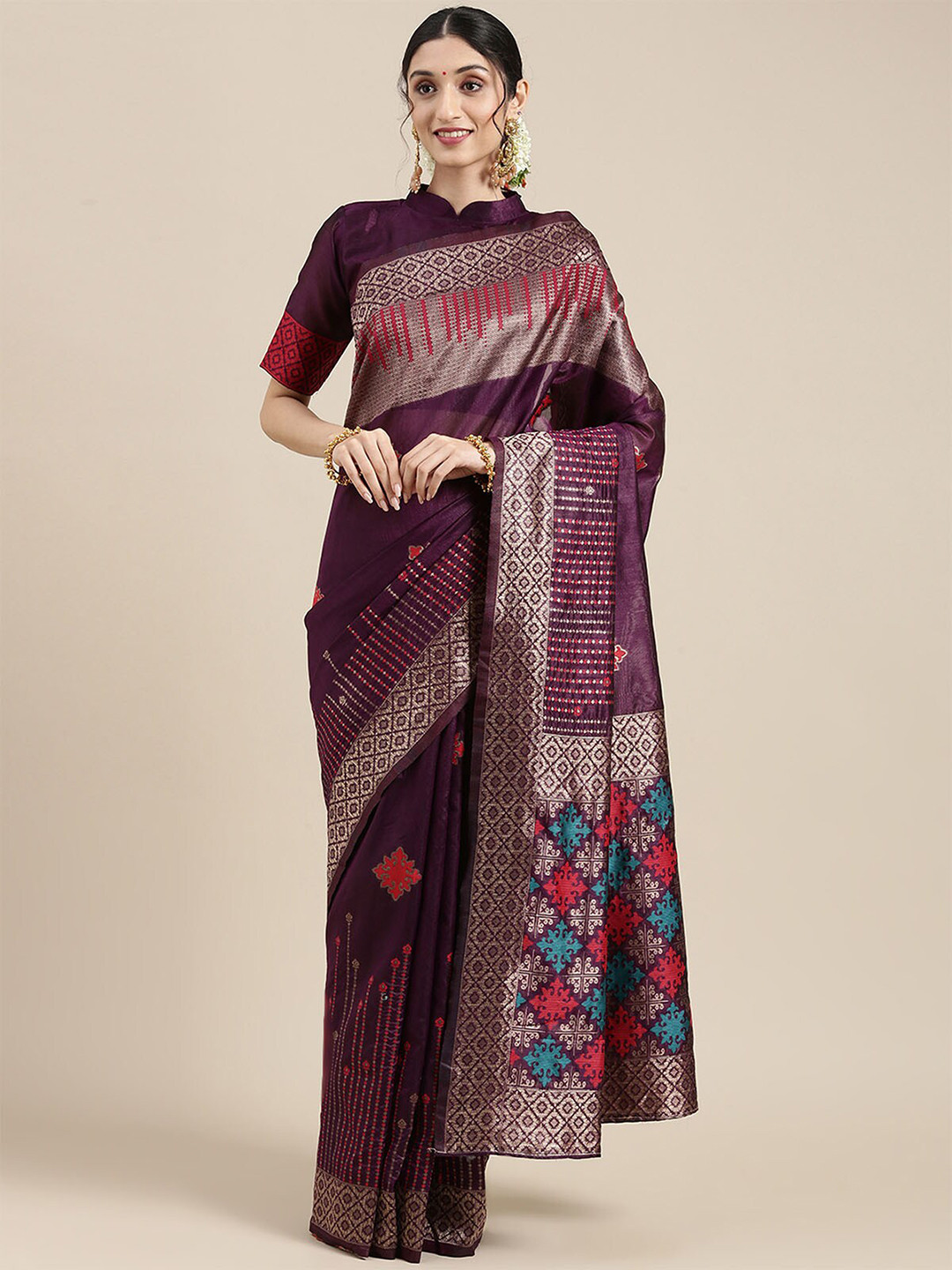 

ODETTE Purple & Red Floral Silk Blend Banarasi Saree