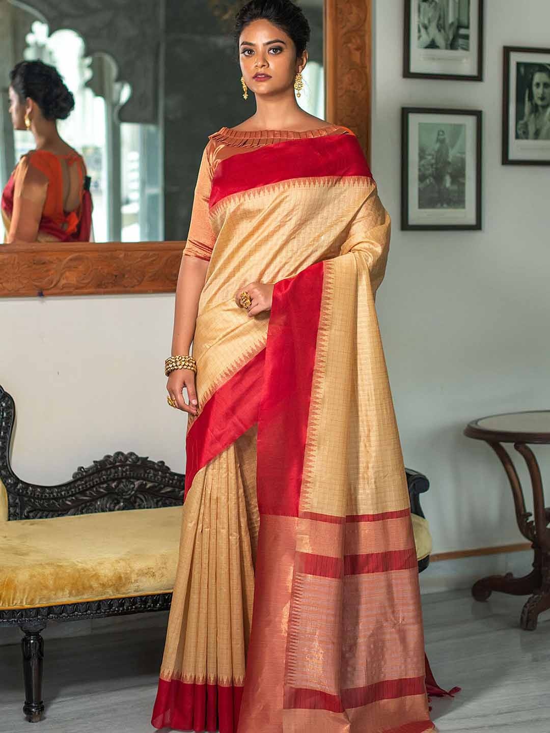 

ODETTE Cream-Coloured & Red Checked Zari Art Silk Saree