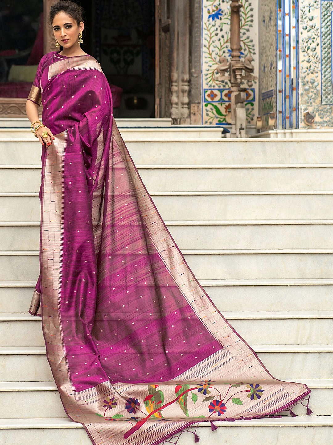 

ODETTE Purple & Green Woven Design Zari Silk Blend Saree