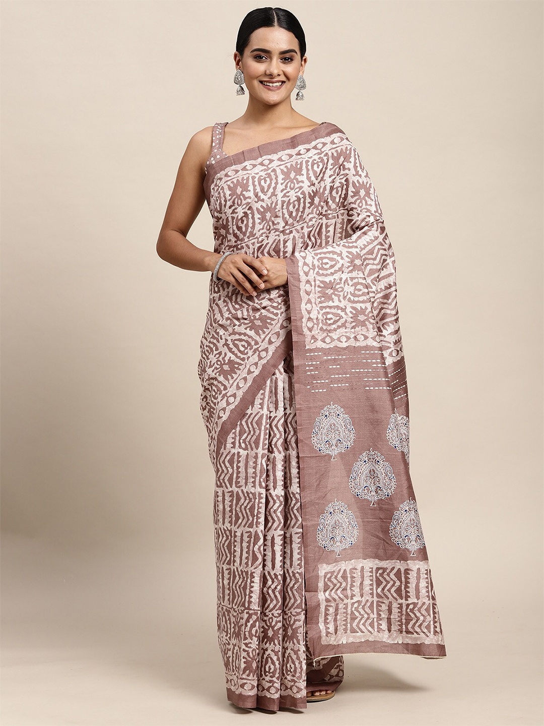 

ODETTE Brown & White Ethnic Motifs Printed Silk Blend Saree