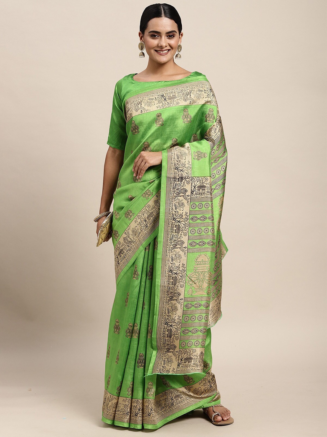 

ODETTE Green & Beige Ethnic Motifs Printed Silk Blend Saree