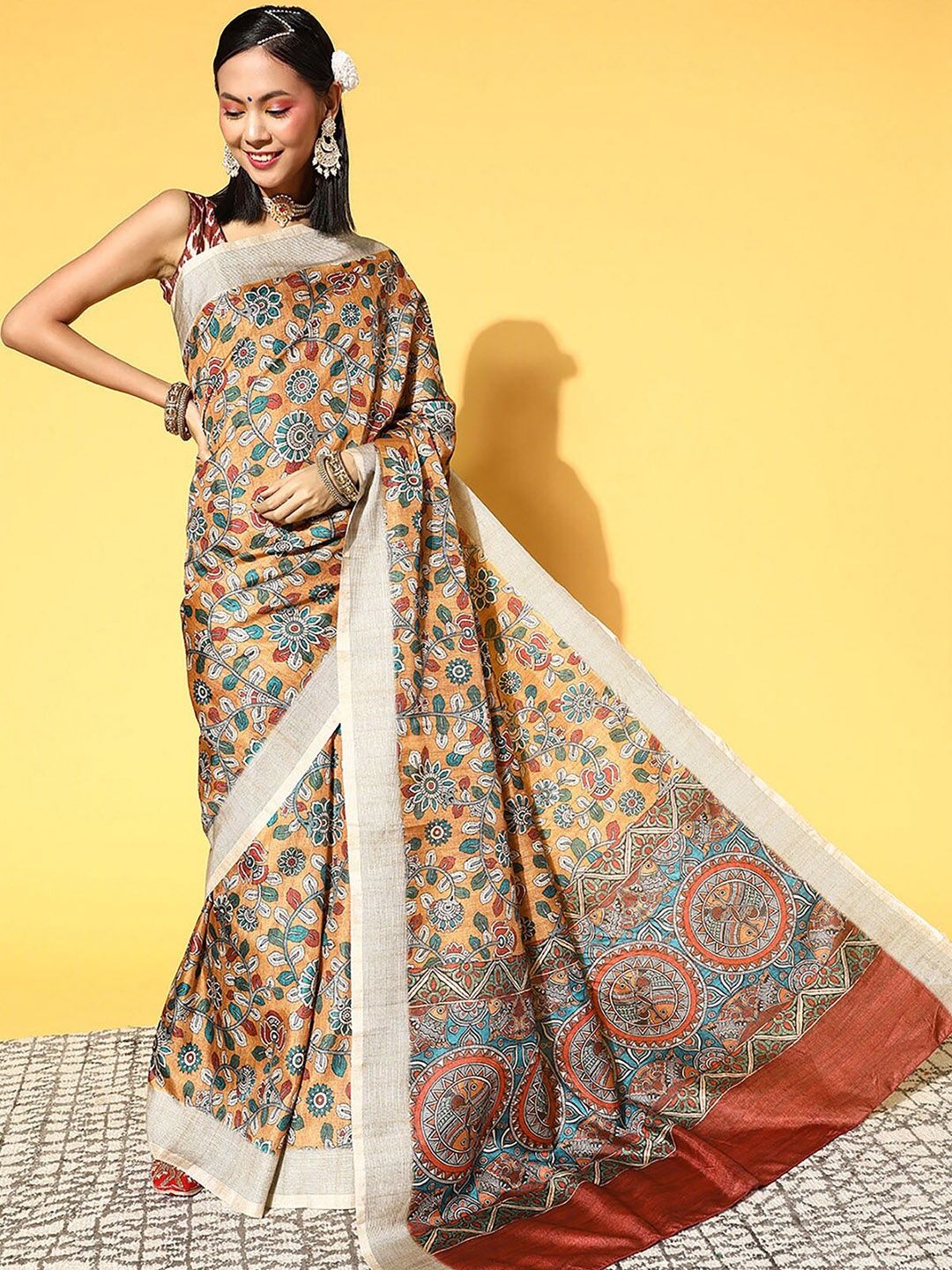 

ODETTE Mustard & Green Floral Printed Silk Blend Saree