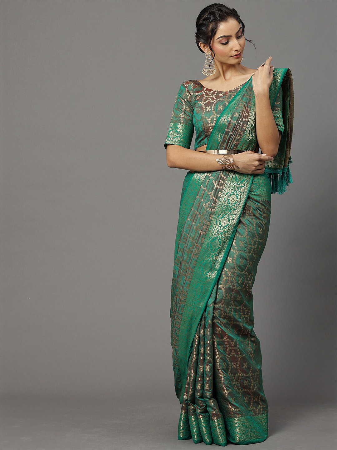 

ODETTE Teal & Gold-Toned Zari Woven Design Silk Blend Dharmavaram Saree