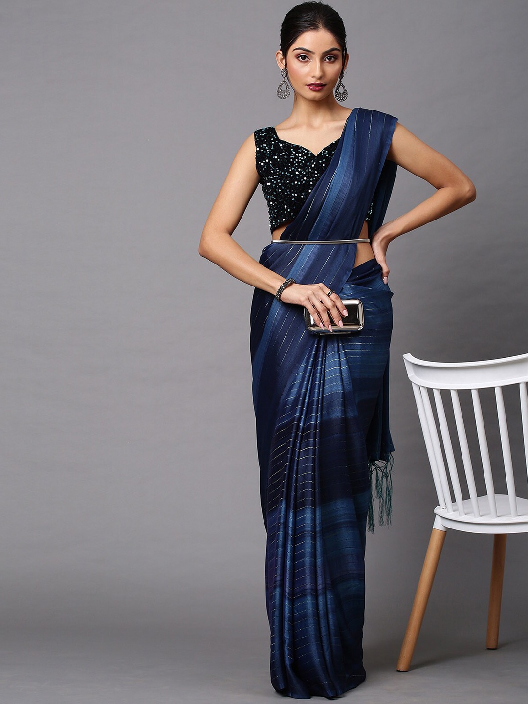 

ODETTE Navy Blue & Gold-Toned Striped Sequinned Saree