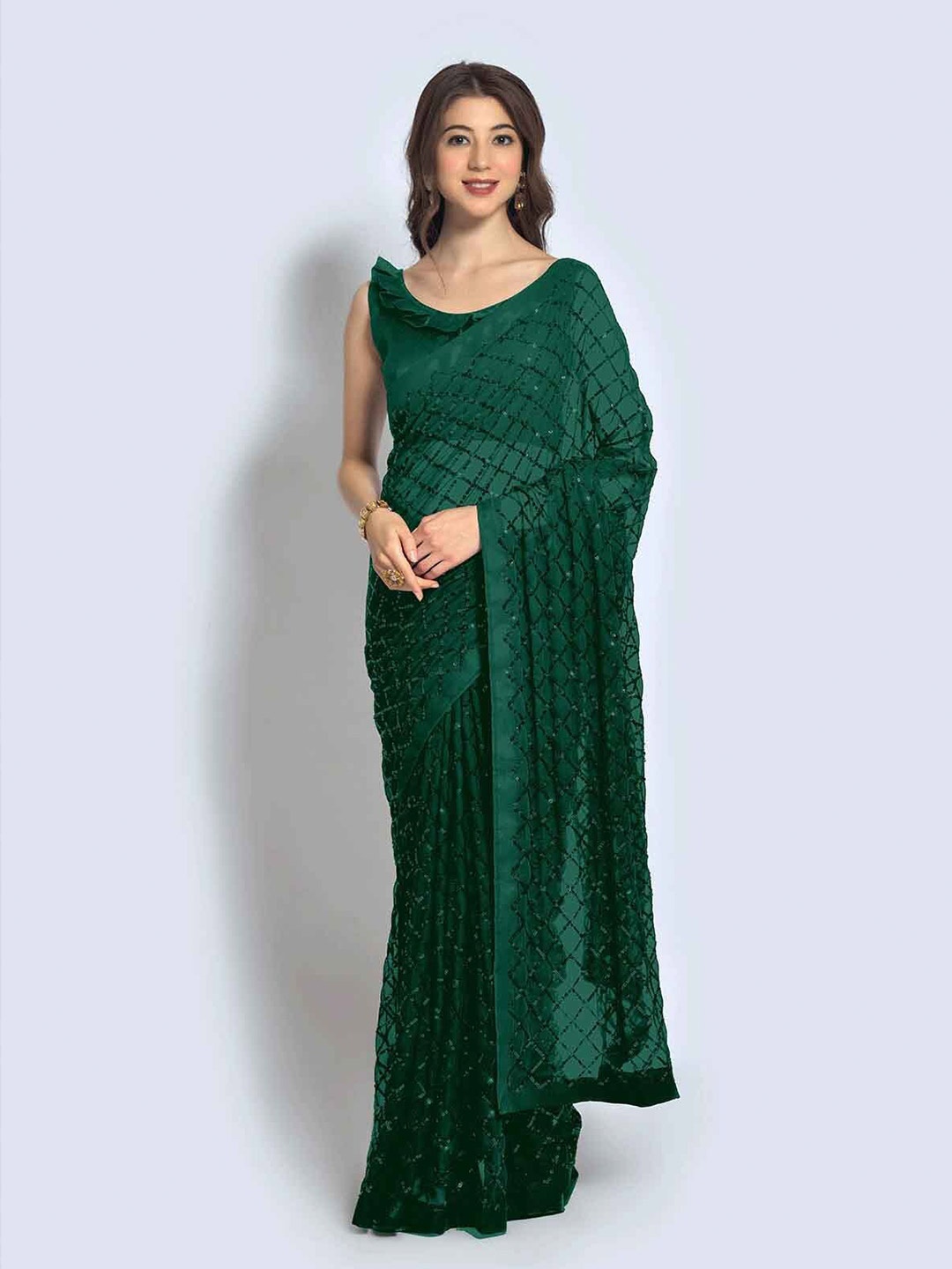 

ODETTE Green Embellished Sequinned Saree