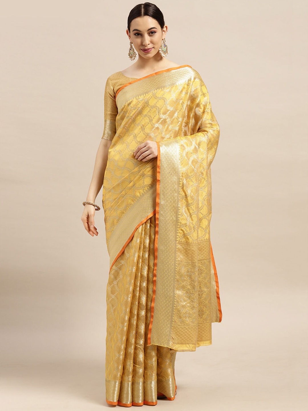 

ODETTE Yellow & Gold-Toned Woven Design Zari Silk Blend Banarasi Saree